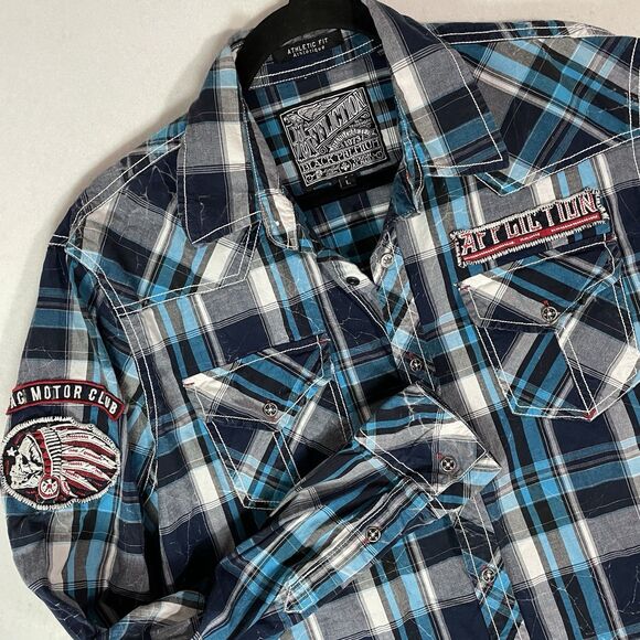 Affliction Black Premium Embroidered Patches Athletic Fit Flannel Size L - Picture 1 of 5